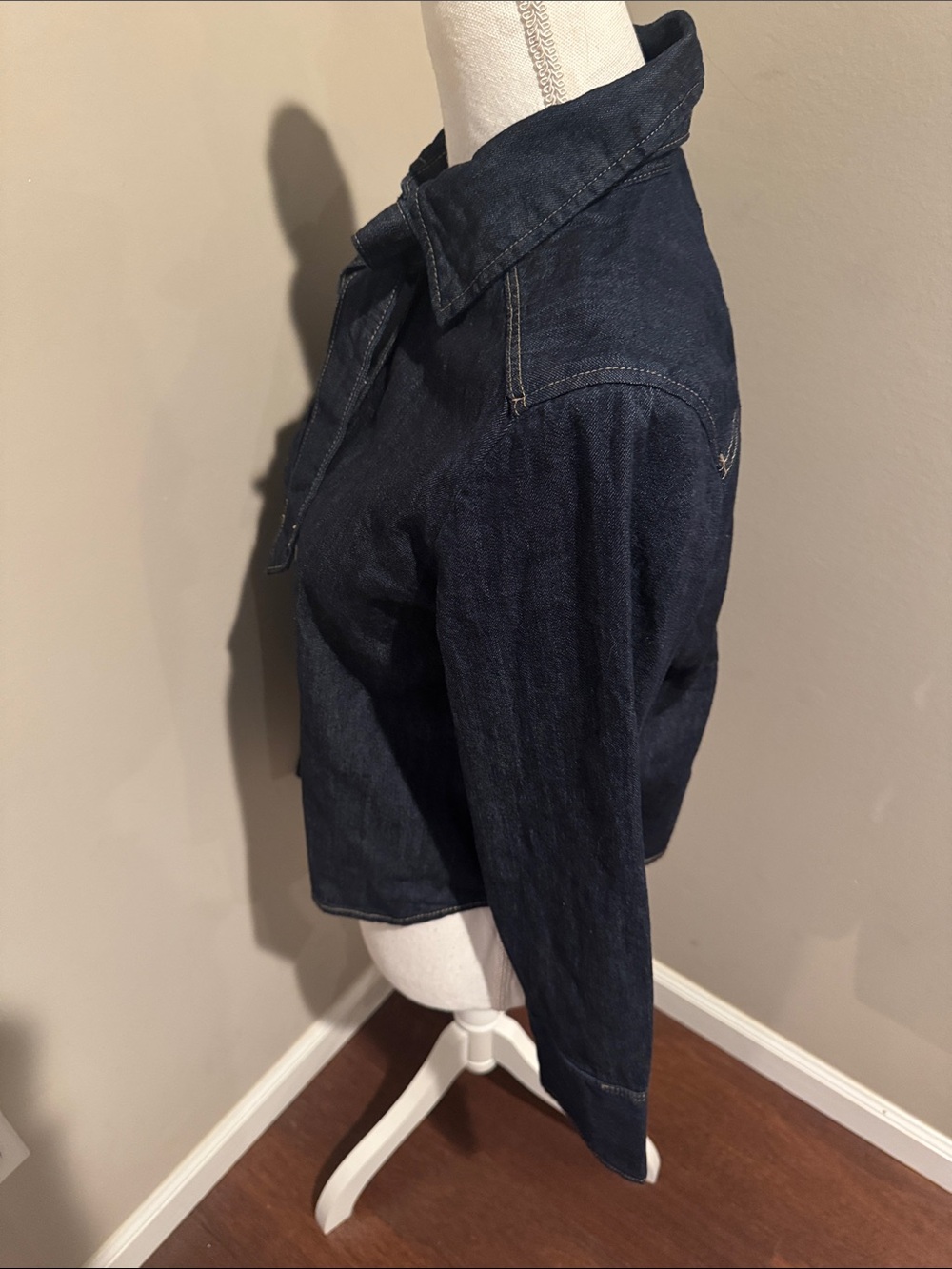 H & M Divided dark denim cotton button up top with tie at the neck, size S - Picture 8 of 14